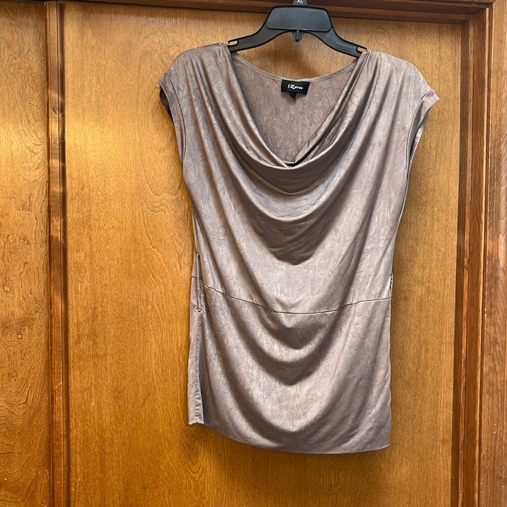 IZ Byer draping, cowl-neck blouse in a shimmering muted taupe color. Large